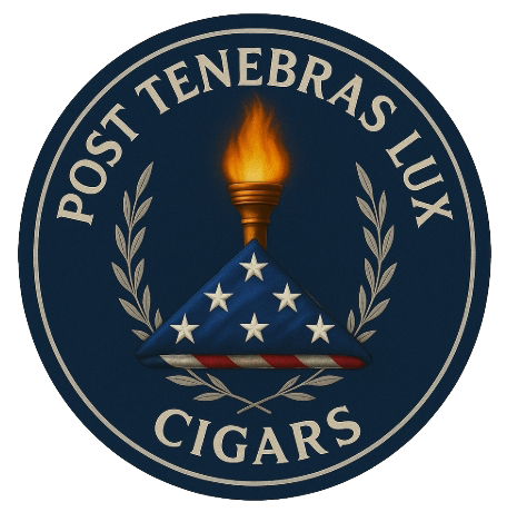 Circular logo for Post Tenebras Lux Cigars featuring a folded American flag beneath a burning torch, symbolizing light after darkness and honoring veterans through faith-based craftsmanship.