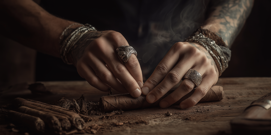 Handcrafting Premium Cigars – Post Tenebras Lux Cigars | Veteran-Owned Christian Brand Close-up of a craftsman’s tattooed hands rolling a premium cigar on a wooden table, symbolizing faith, craftsmanship, and brotherhood at Post Tenebras Lux Cigars.